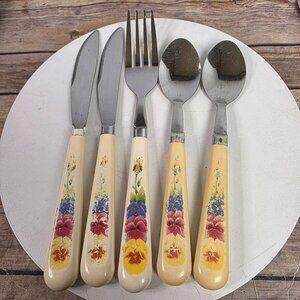 Corelle Summer Blush Floral Flatware Set With Stainless Steel & Cream Handles -
